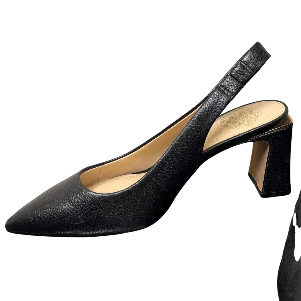 Vince Camuto Slingback Pumps Womens 5.5 Black Pebbled Leather Pointed Block Heel